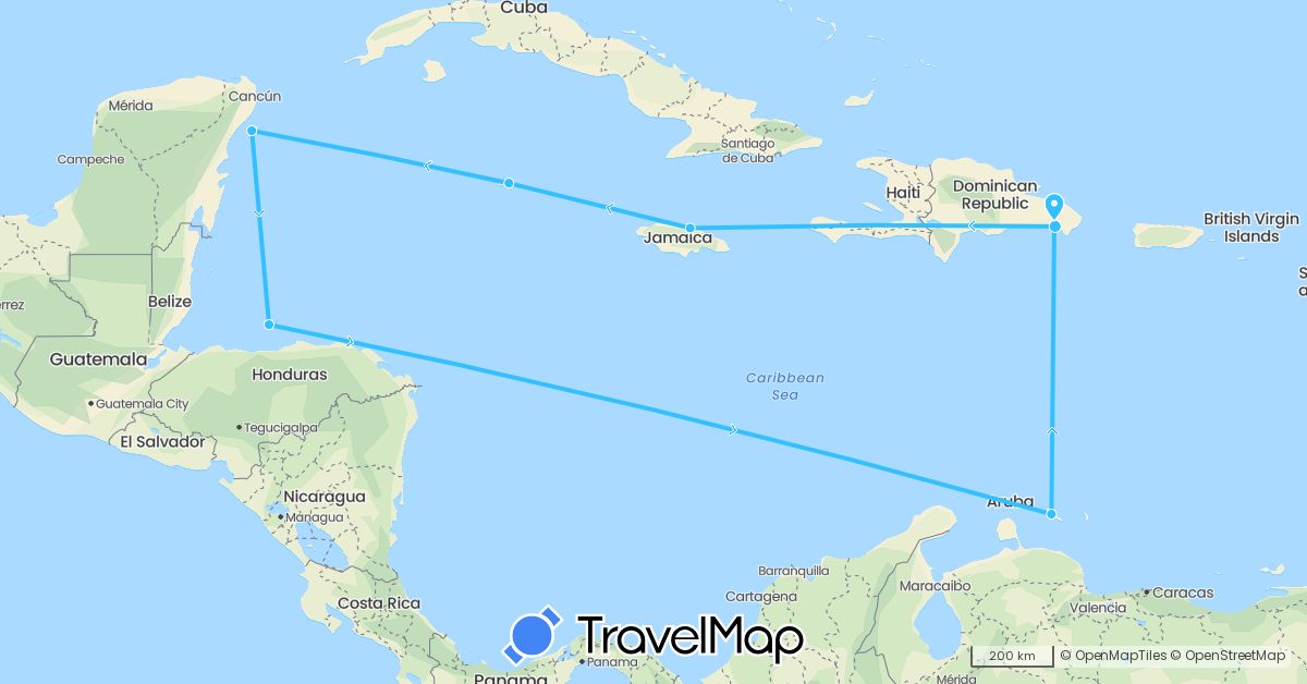 TravelMap itinerary: driving, boat in Dominican Republic, Honduras, Jamaica, Cayman Islands, Mexico, Netherlands (Europe, North America)