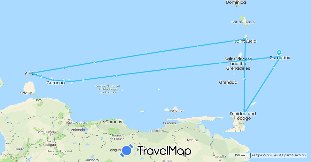 TravelMap itinerary: boat in Barbados, Saint Lucia, Netherlands, Trinidad and Tobago (Europe, North America)